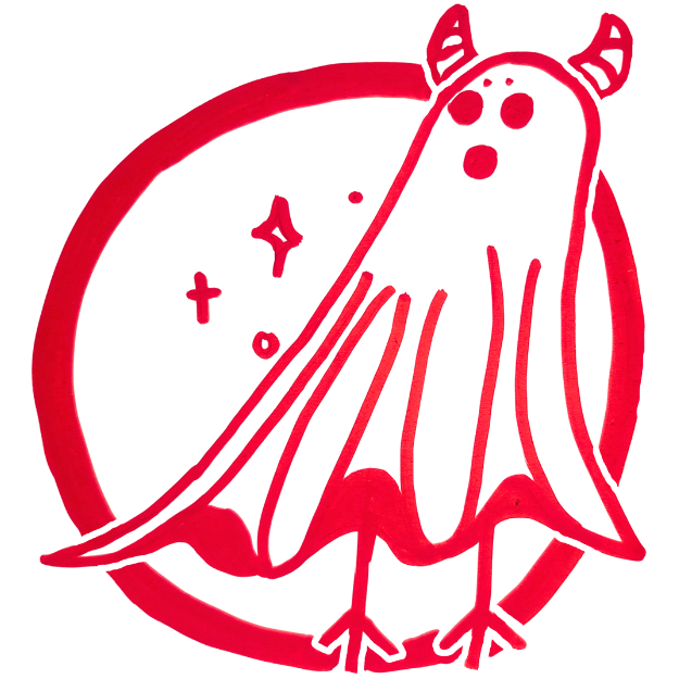 Red Ghost Art's ghost logo. A red ghost with horns and chicken legs, encased in a circle, with sparkles to the left of the ghost.