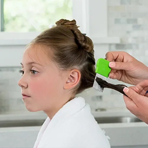 A girl getting her hair styled by a person using a hairbrush and hair dye color in a bright kitchen.