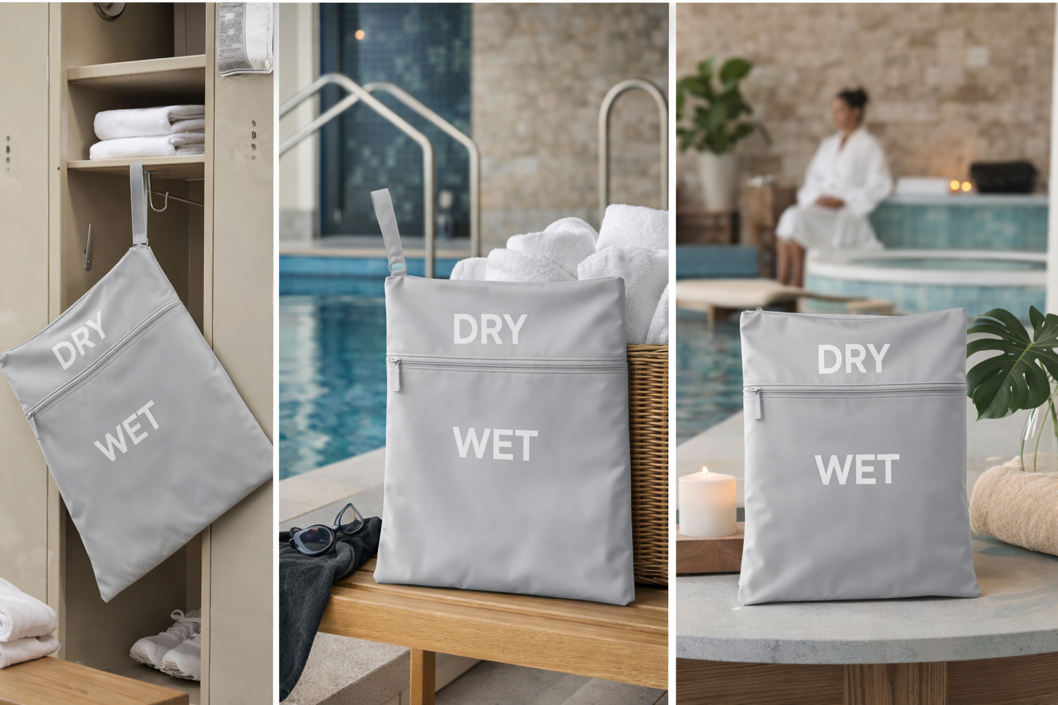 Sequence showing the transition from wet towels in a locker, to dry towels next to a pool, to a person sauna in a spa setting.