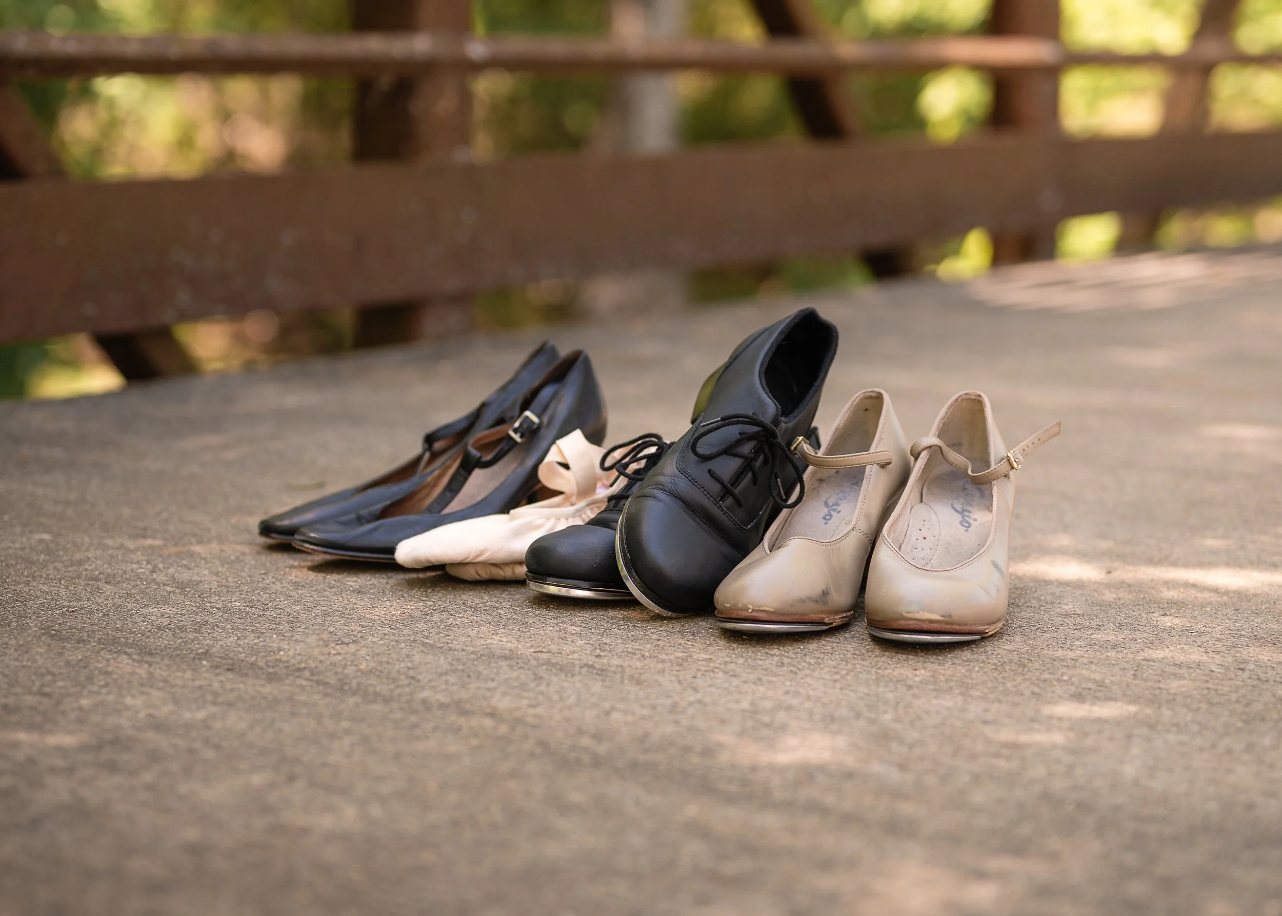 A row of women's shoes on a concrete surface in an outdoor setting with a wooden fence and greenery in the background.