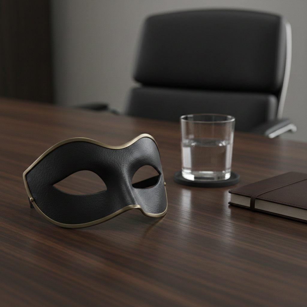 Black leather masquerade mask with gold trim resting on a dark wood executive desk, alongside a glass of water and leather notebook, with an office chair in the background.