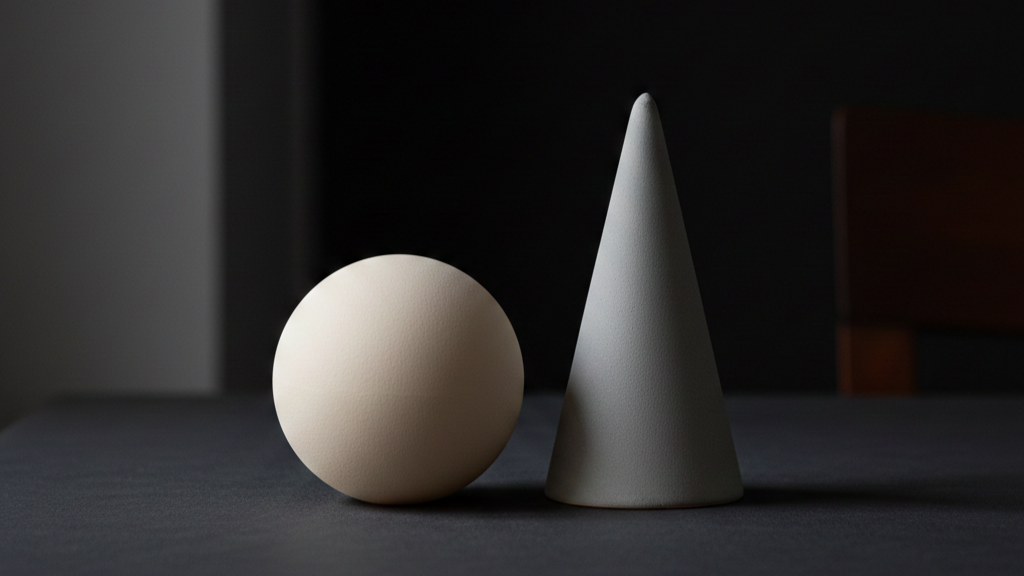 "A cream-white matte sphere and a light gray matte cone placed side by side on a dark gray surface against a dark background, lit from the left to emphasize their three-dimensional forms."
