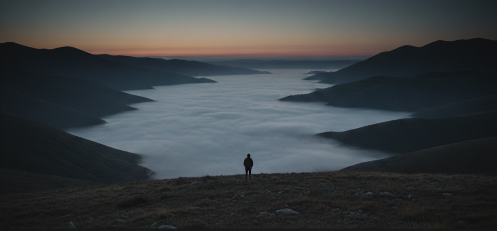 "Silhouette of a person standing on a grassy hillside at dusk, overlooking a valley filled with dense white fog, with dark mountain ridges extending to the horizon under a gradient orange and blue sky."
