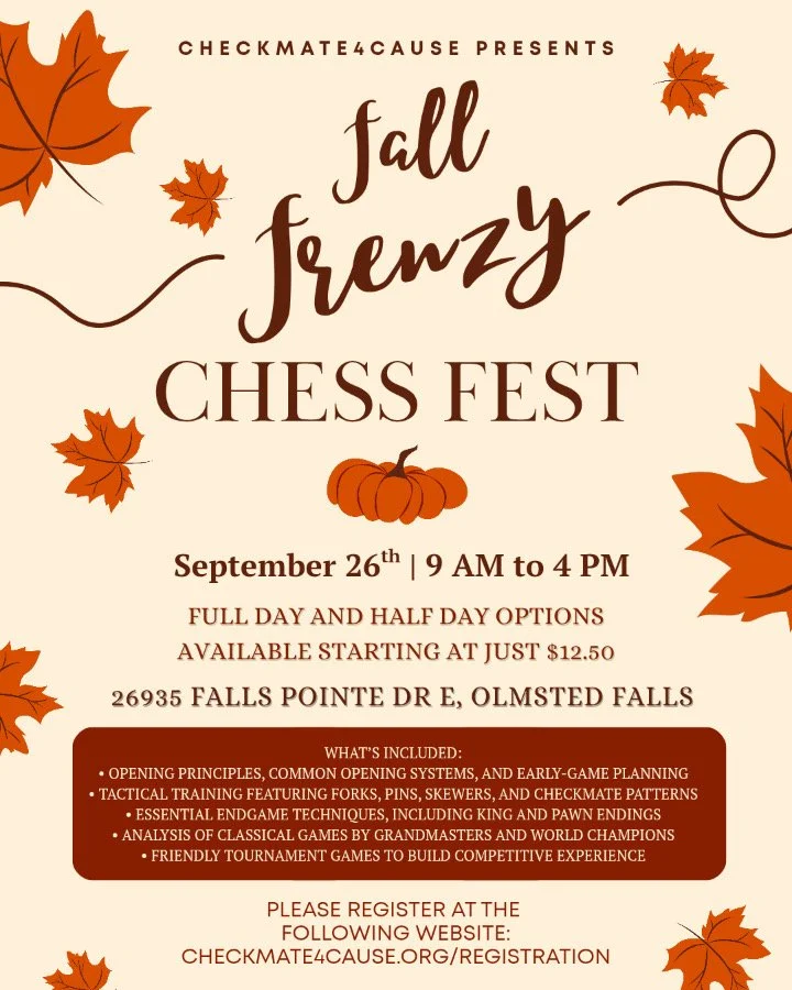 Flyer for Fall Frenzy Chess Fest on September 26th from 9 AM to 4 PM at 26935 Falls Pointe Dr E, Olmsted Falls. The flyer features autumn leaves, a pumpkin, and details about the event's schedule and activities.