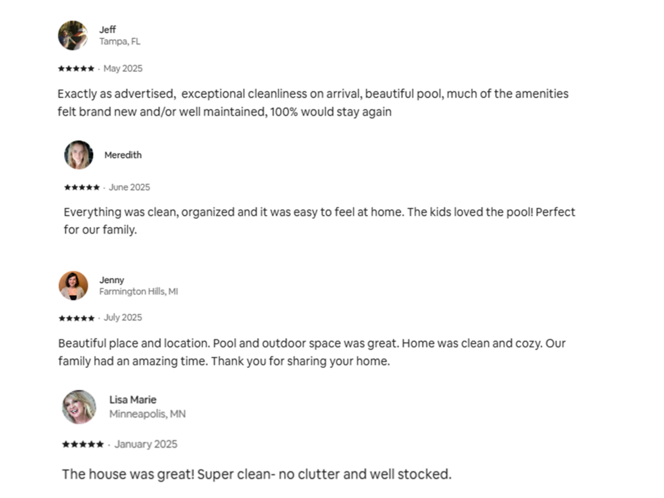 Five-star client reviews highlighting exceptional cleanliness and organization.