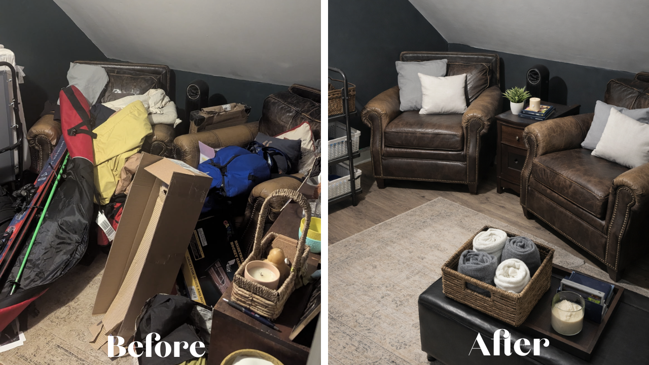 Side-by-side comparison showing a cluttered living space before cleaning and a tidy, organized living room after cleaning. The before side has furniture, boxes, bags, and miscellaneous items, while the after side has neatly organized furniture, cushi