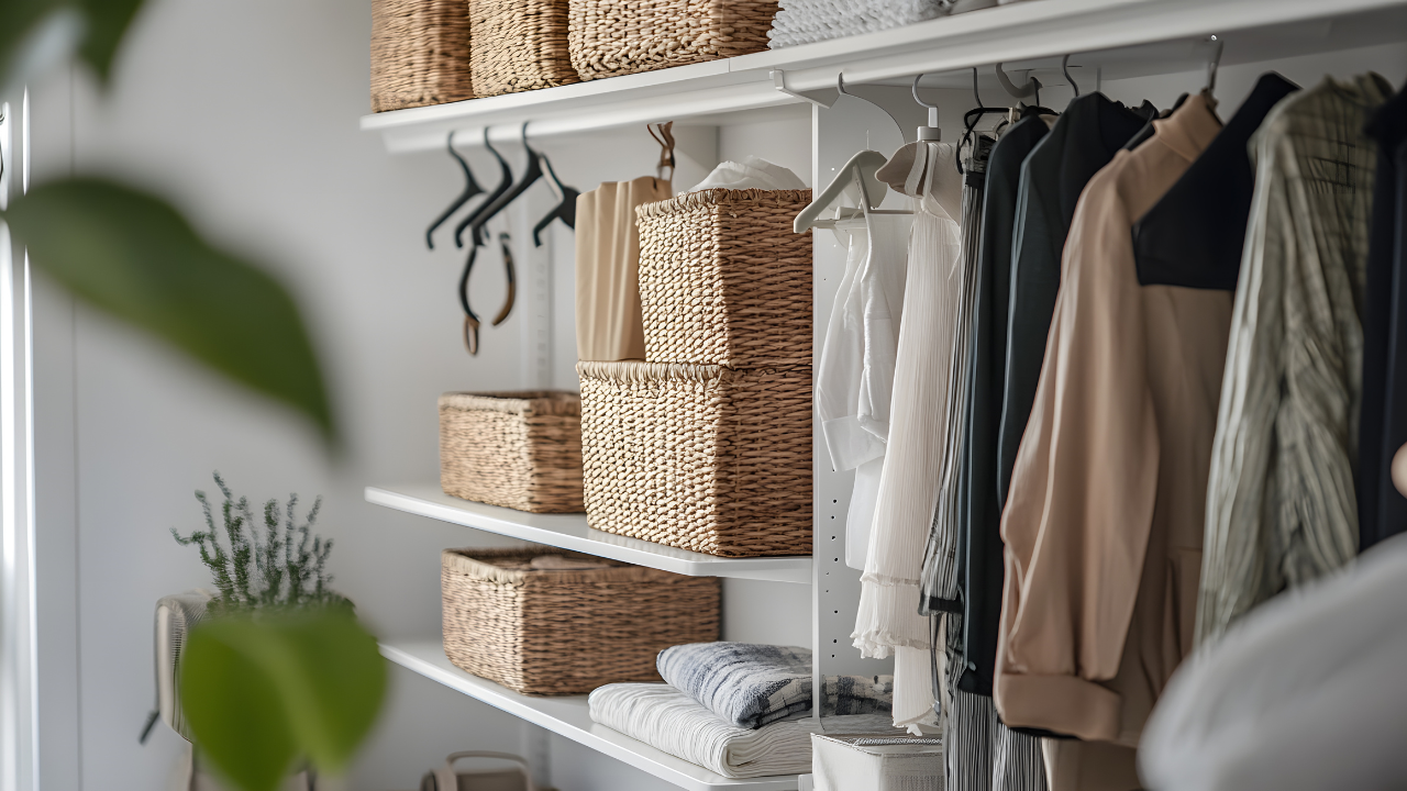 Organized closet with clothing and woven baskets on shelves