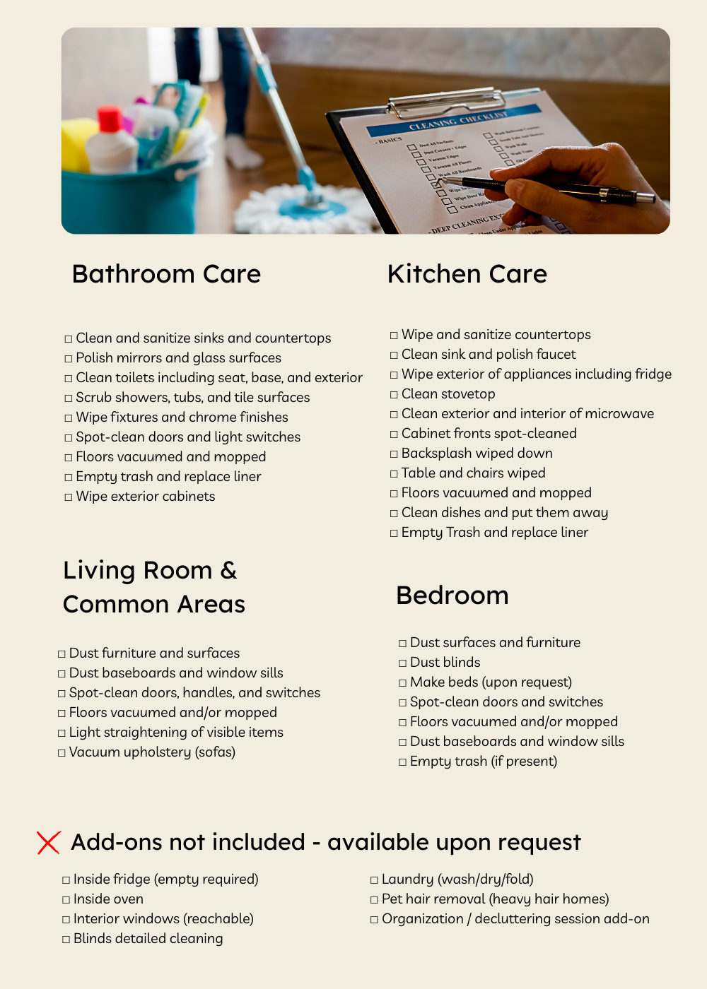 Cleaning checklist for various household areas, including bathroom, kitchen, living room, and bedroom.