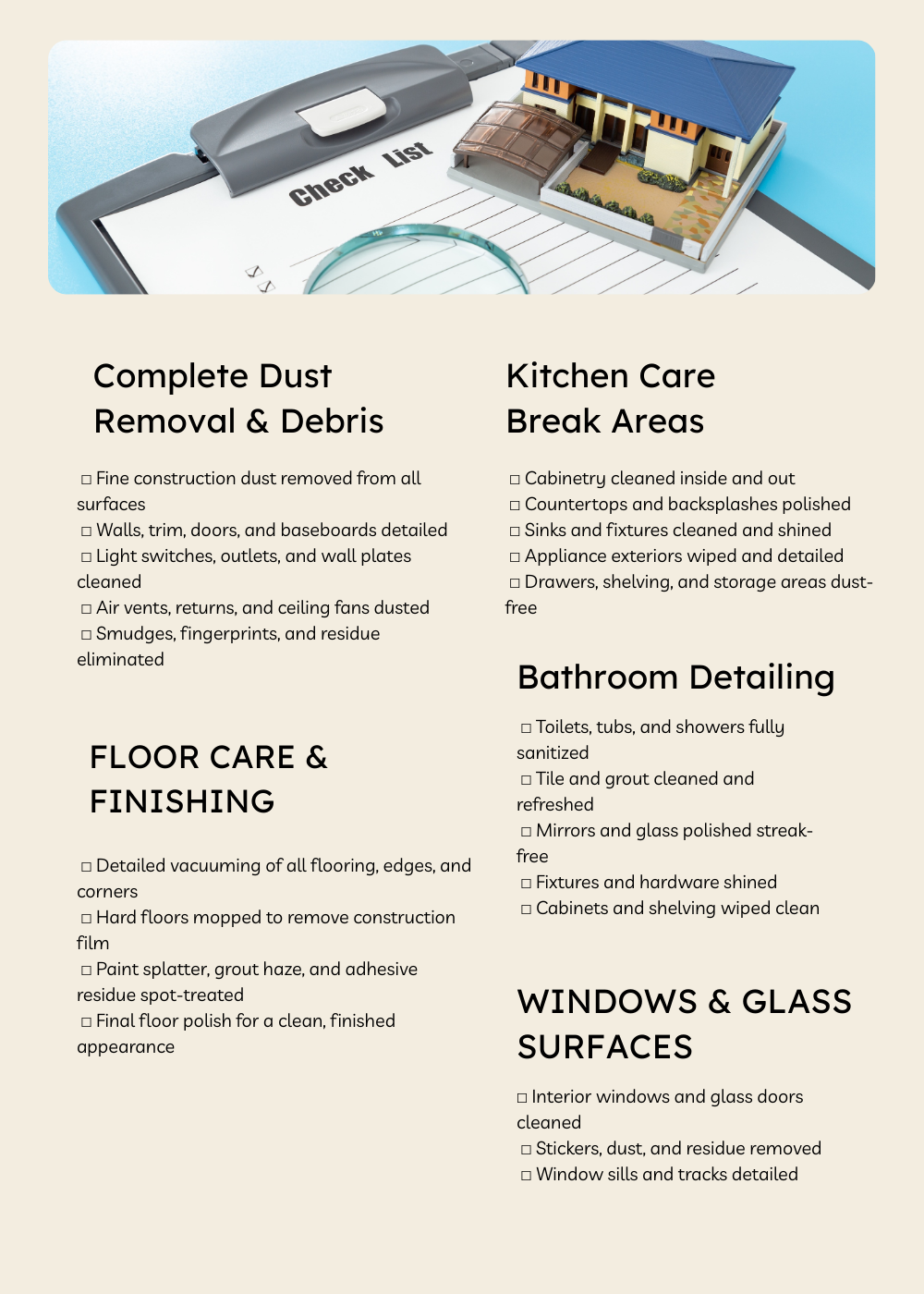 Home cleaning checklist outlining routine, deep cleaning, and maintenance services for residential homes.