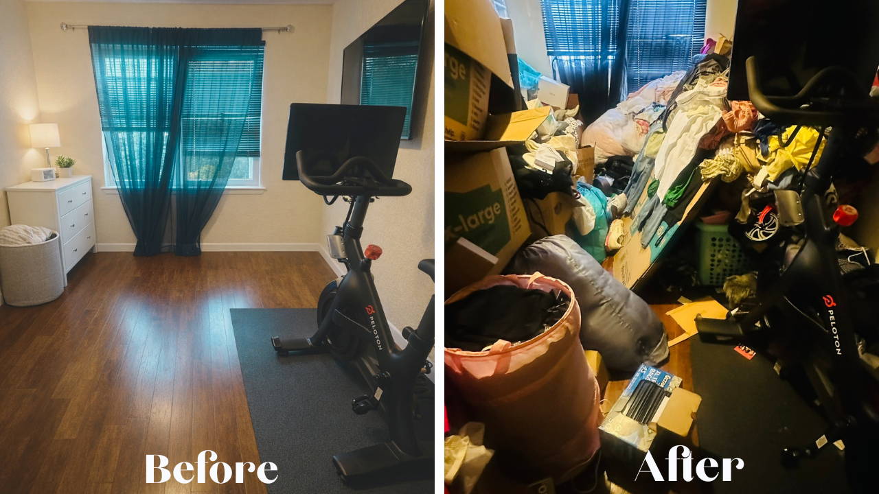 Comparison of a clean, organized room with a wooden floor, window with curtains, and exercise bike before; cluttered, messy room filled with boxes, clothes, and miscellaneous items after.