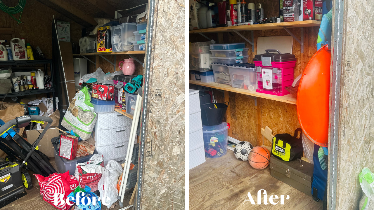 Comparison of a cluttered and organized storage shed, with the left showing clutter and the right showing tidy arrangement with sports and household items neatly stored.