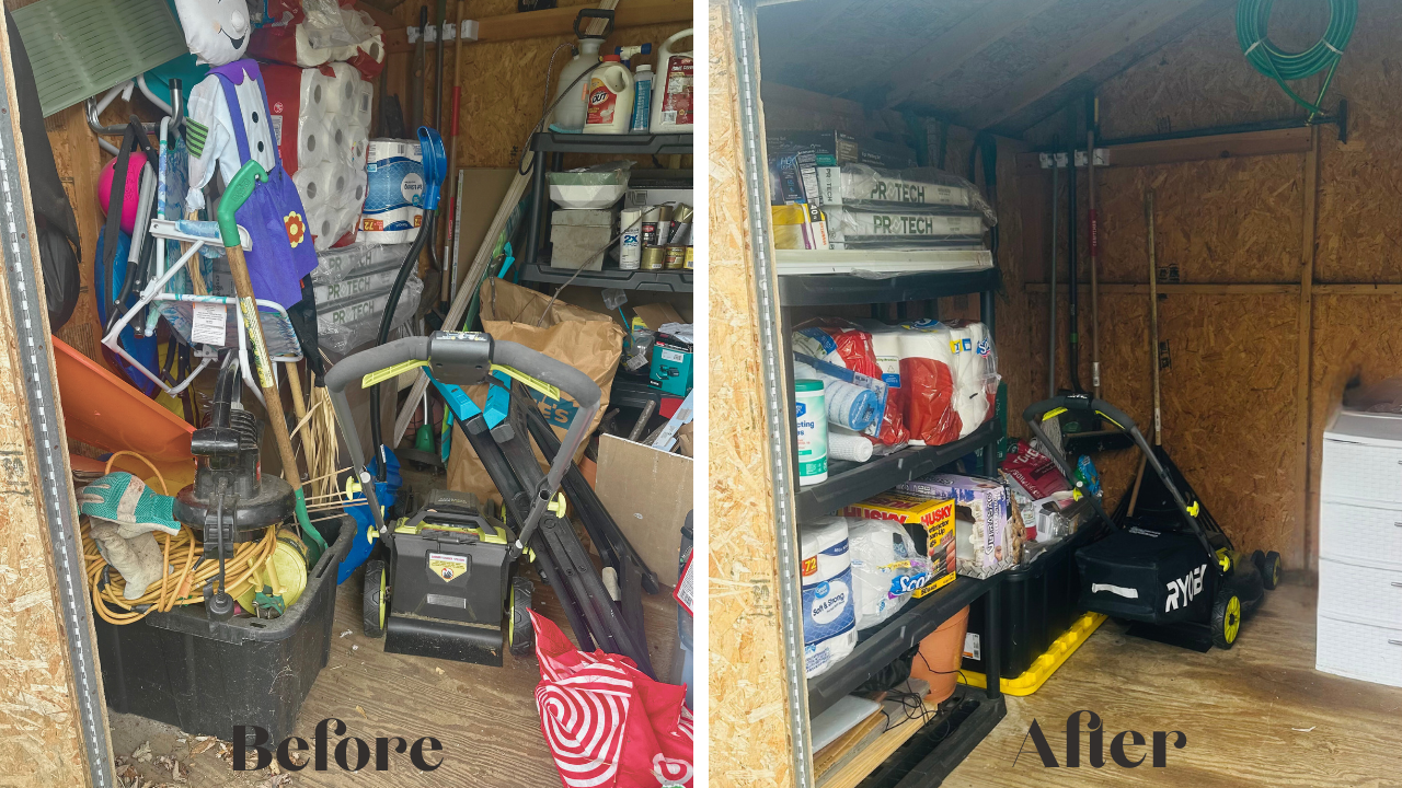 Comparison of a cluttered garage storage space before and after organization. Before side shows tools, gardening supplies, and miscellaneous items scattered; after side shows clean shelves and organized storage.