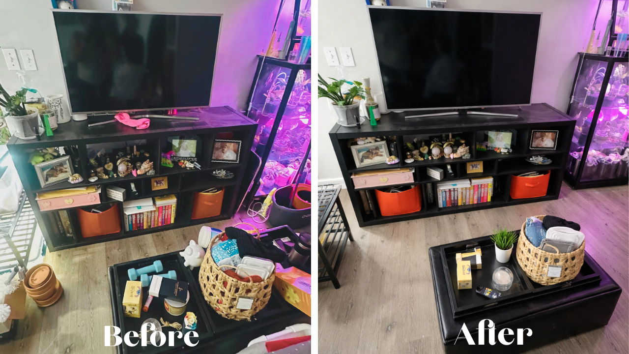Before and after images of a black entertainment center with a TV on top. In the "before" image, the surface is cluttered with various items, and shelves contain decorations and books. In the "after" image, the surface is clear, and the shelves and t