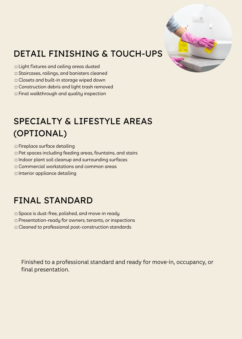 Professional bathroom cleaning service detailing sink scrubbing and surface sanitizing in a modern bathroom.