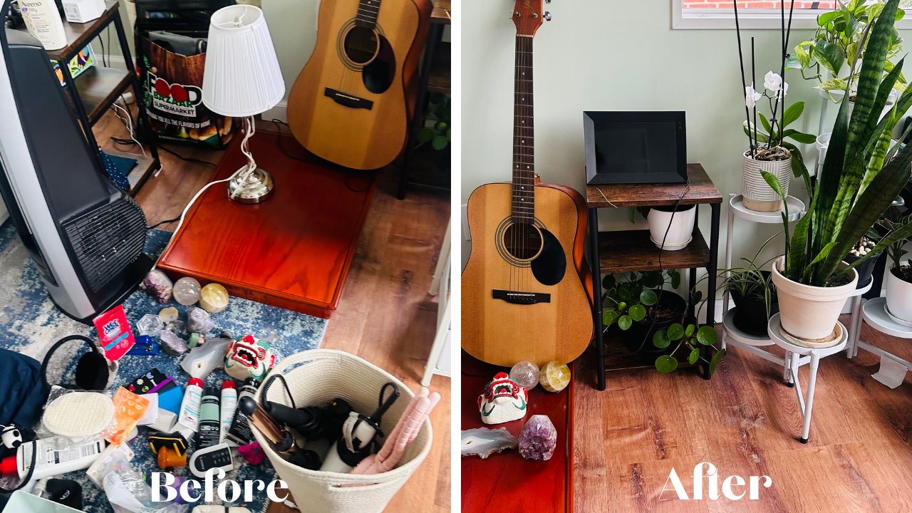 Side-by-side comparison of a cluttered corner before and after cleaning. The 'Before' side shows scattered items, cleaning supplies, crystals, a basket with headphones, and guitars. The 'After' side displays an organized space with a guitar, potted p