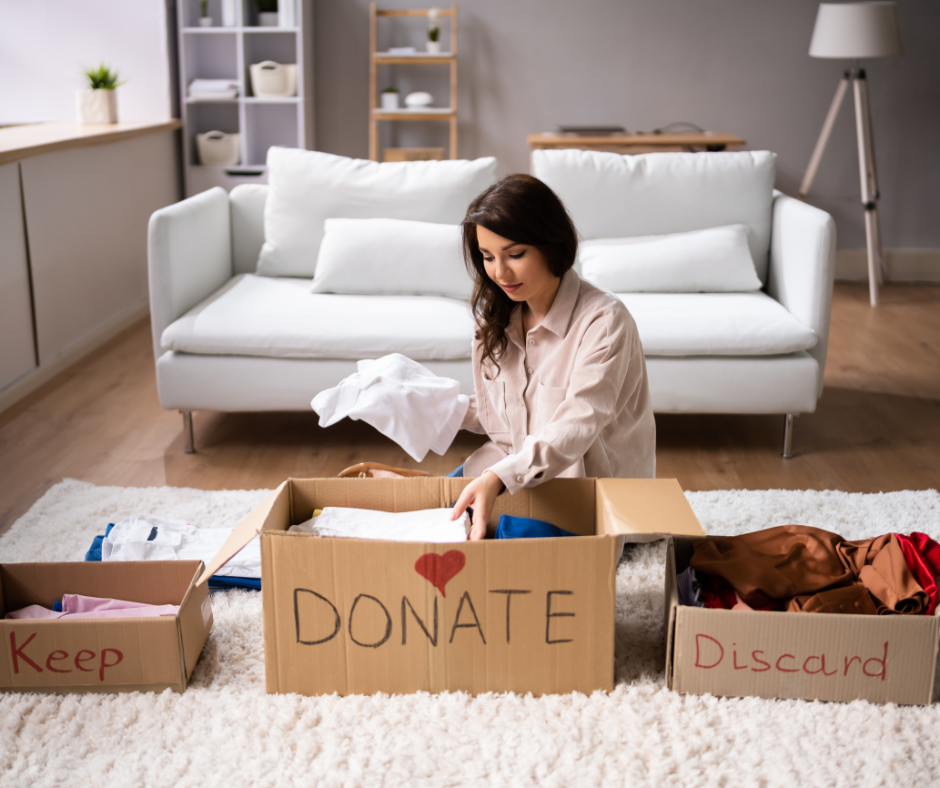 Professional organizing and decluttering service sorting household items for donation in a residential home in New York and New Jersey.