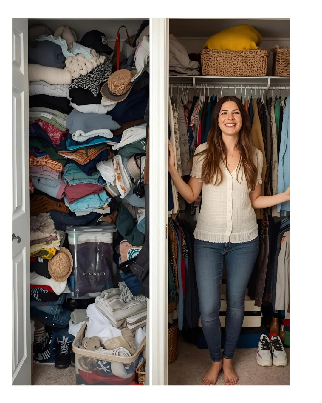Before and after view of a professionally organized closet during a home decluttering and organizing service in New York and New Jersey.