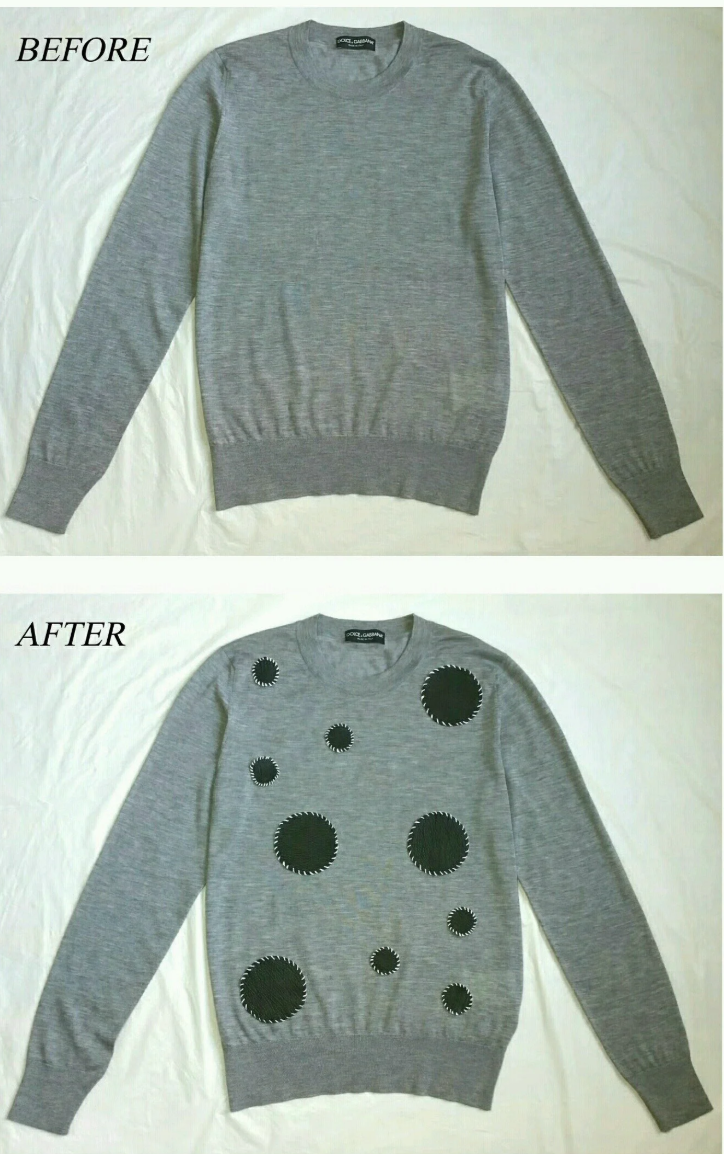 DOLCE & GABBANA CASHMERE MEN's SWEATER REPAIRED KNIT (DARNING) & ADDED HANDMADE LEATHER PATCHES - 2017