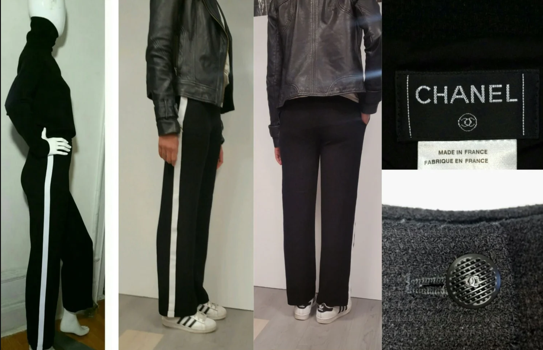 CHANEL VINTAGE 2000's SOLID BLACK TWEED PANTS & UPDATED BY ADDING WHITE GROSSGRAIN DOWN LEG - 2017