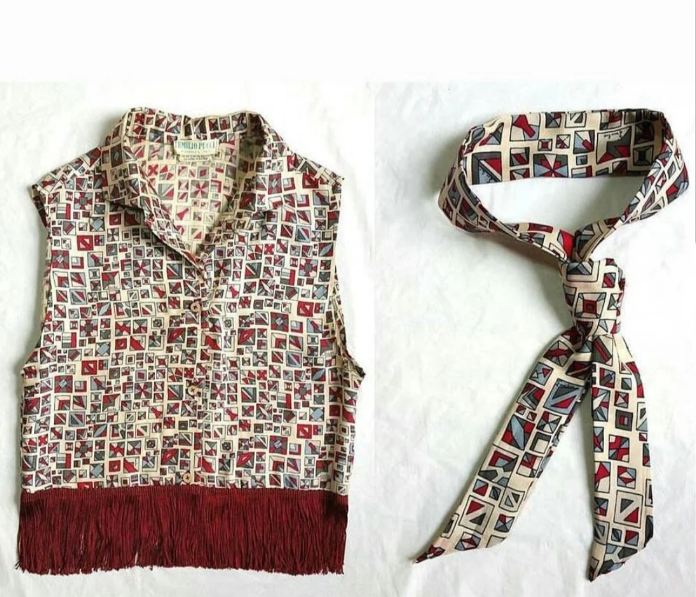 EMILIO PUCCI VINTAGE 1960's SILK BLOUSE TURNED INTO A CROP TOP ADDED FRINGE AND MADE SILK TIE AS SLEEVES COULD NOT BE SALVAGED - 2015