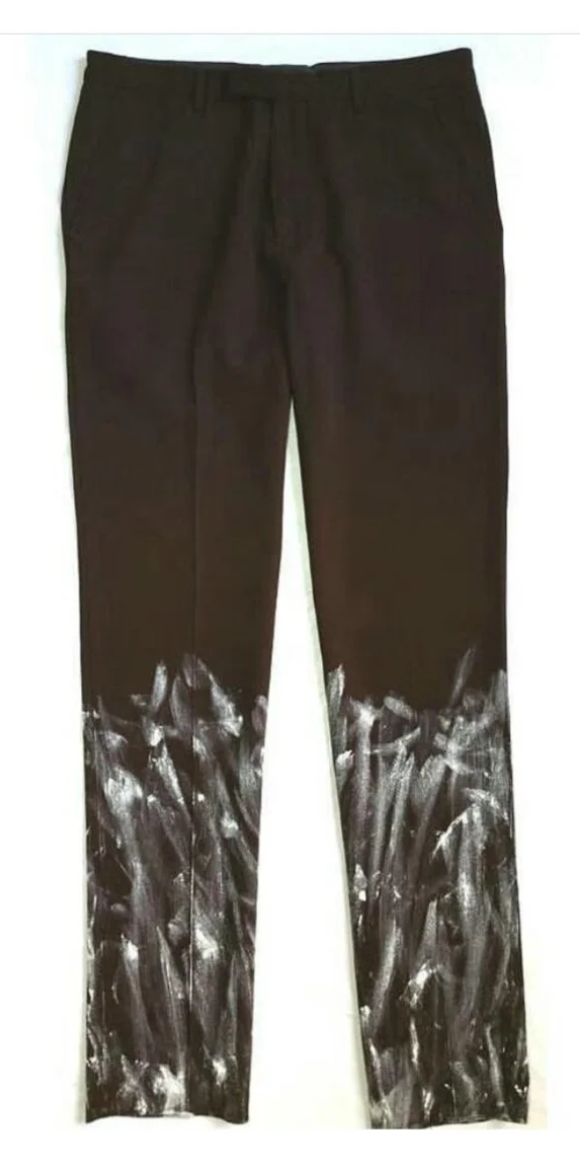 JEAN PAUL GAULTIER HOMME WOOL PANTS REWORKED BY  ADDING ACRYLIC WHITE PAINT AT BOTTOM LEG IN AN ABSTRACT PATTERN - 2016