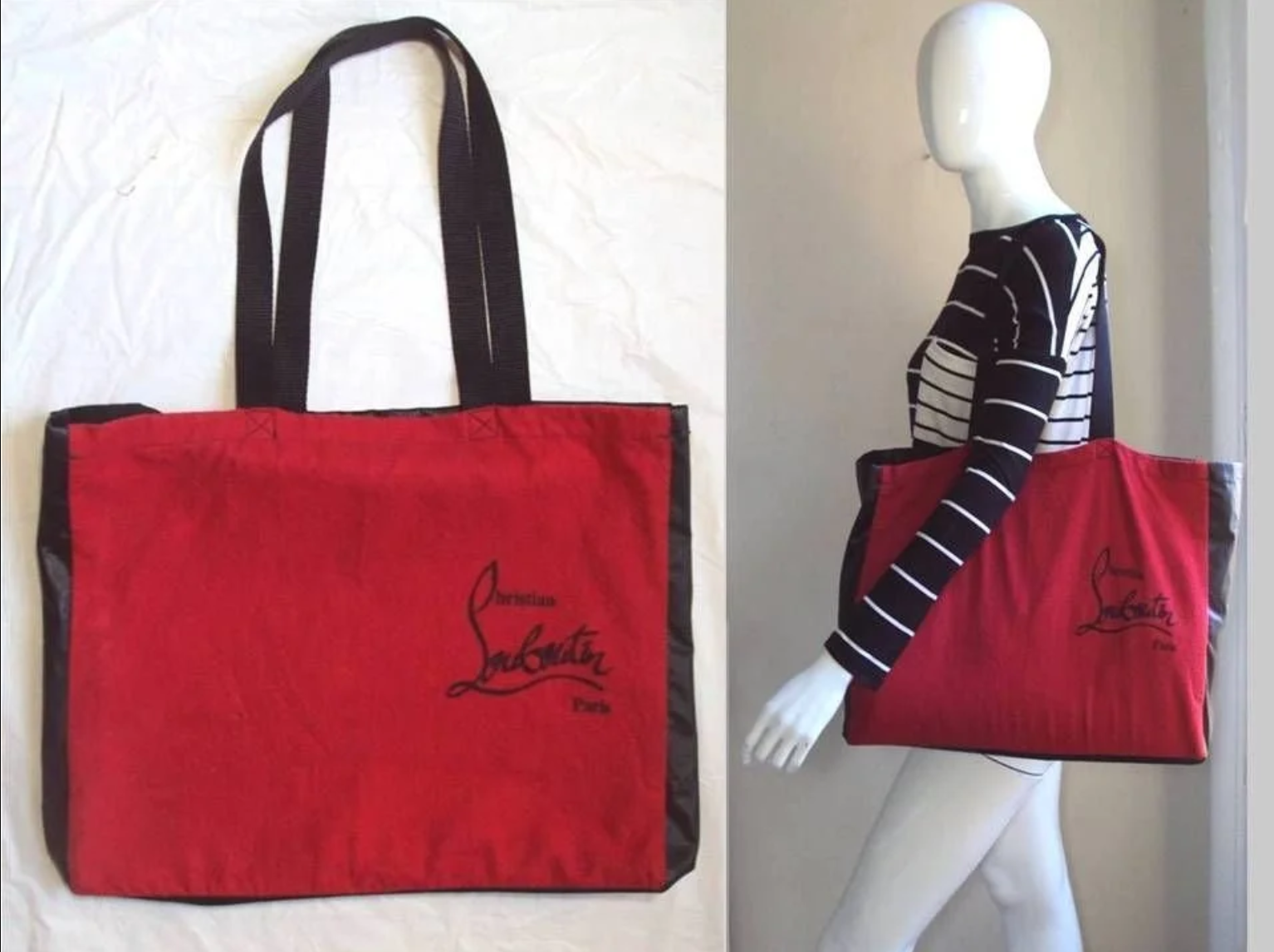 CHRISTIAN LOUBOUTIN TOTE BAG MADE WITH SHOE DUSTBAG, BLACK PLEATHER CONTRAST AND METAL BOTTOM - 2014