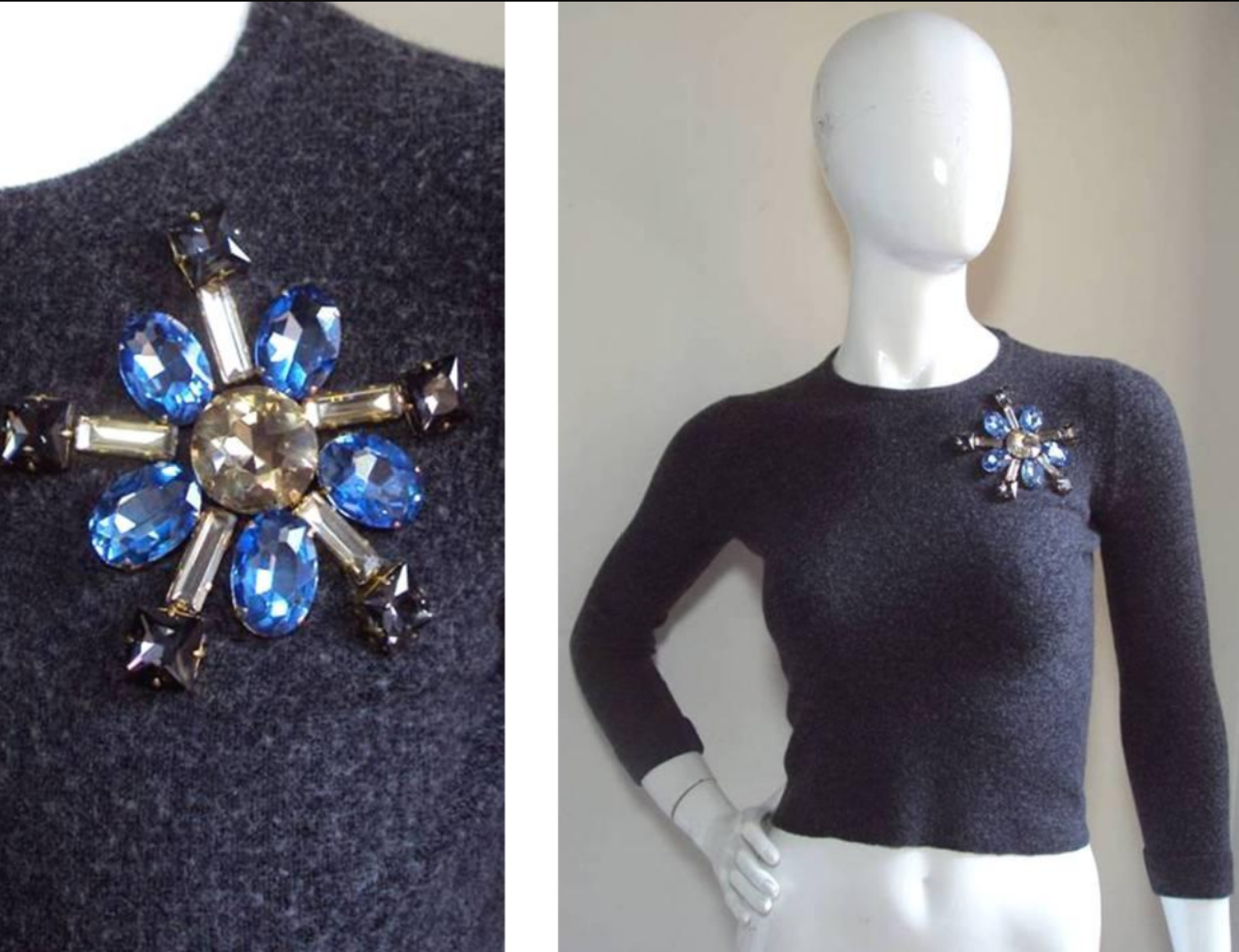 PRADA VINTAGE CASHMERE WOOL BLEND CROP SWEATER ADDED HAND SEWN JEWELED BROOCH DETAIL TOP - 2016