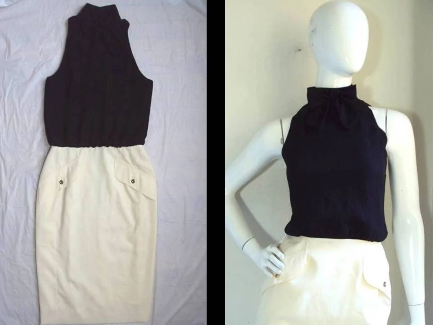 CHANEL VINTAGE 1990's SKIRT MADE INTO COMBO DRESS &  ADDED CLIETNS OWN BLACK SILK HIGH NECK SECRETARY TOP - 2014