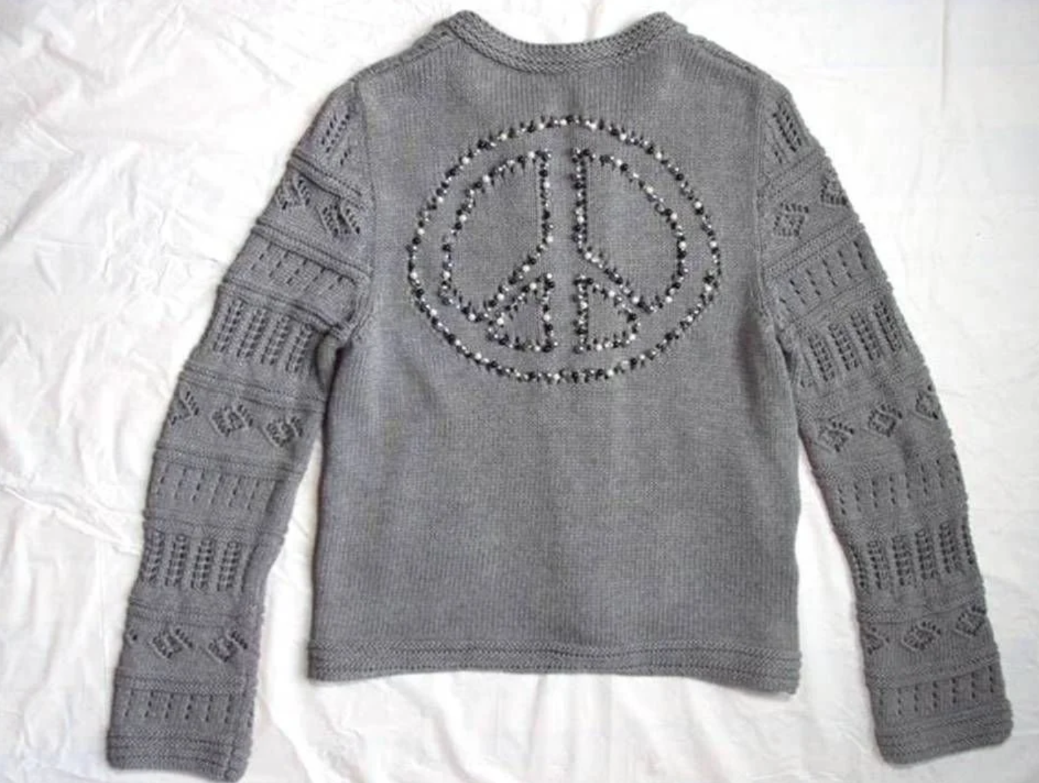 LUCIEN PELLAT FINET COTTON PEACE SWEATER UPDATE ADDED HAND SEWN SWAROVSKI CRYSTALS & PEARL BEADWORK - 2014
