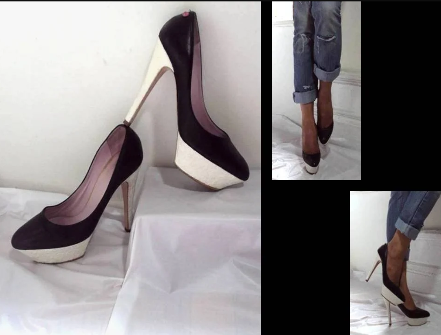 VIKTOR & ROLF REWORKED HAND DYED LEATHER BLACK & ADDED WHITE GLITTLER TO CREATE ROUGH ROCK AESTHETIC PLATFORM SHOES - 2014