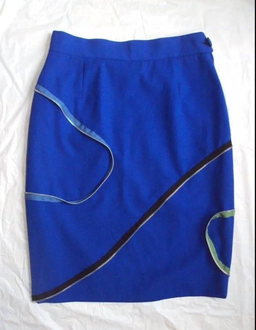 MOSCHINO COUTURE 1990's REPAIRED DAMAGED TO SOLID ELECTRIC BLUE SKIRT AND HAND SEWED ZIPPER DETAILING  TO KEEP WITH DESIGNER AESTHETIC - 2014