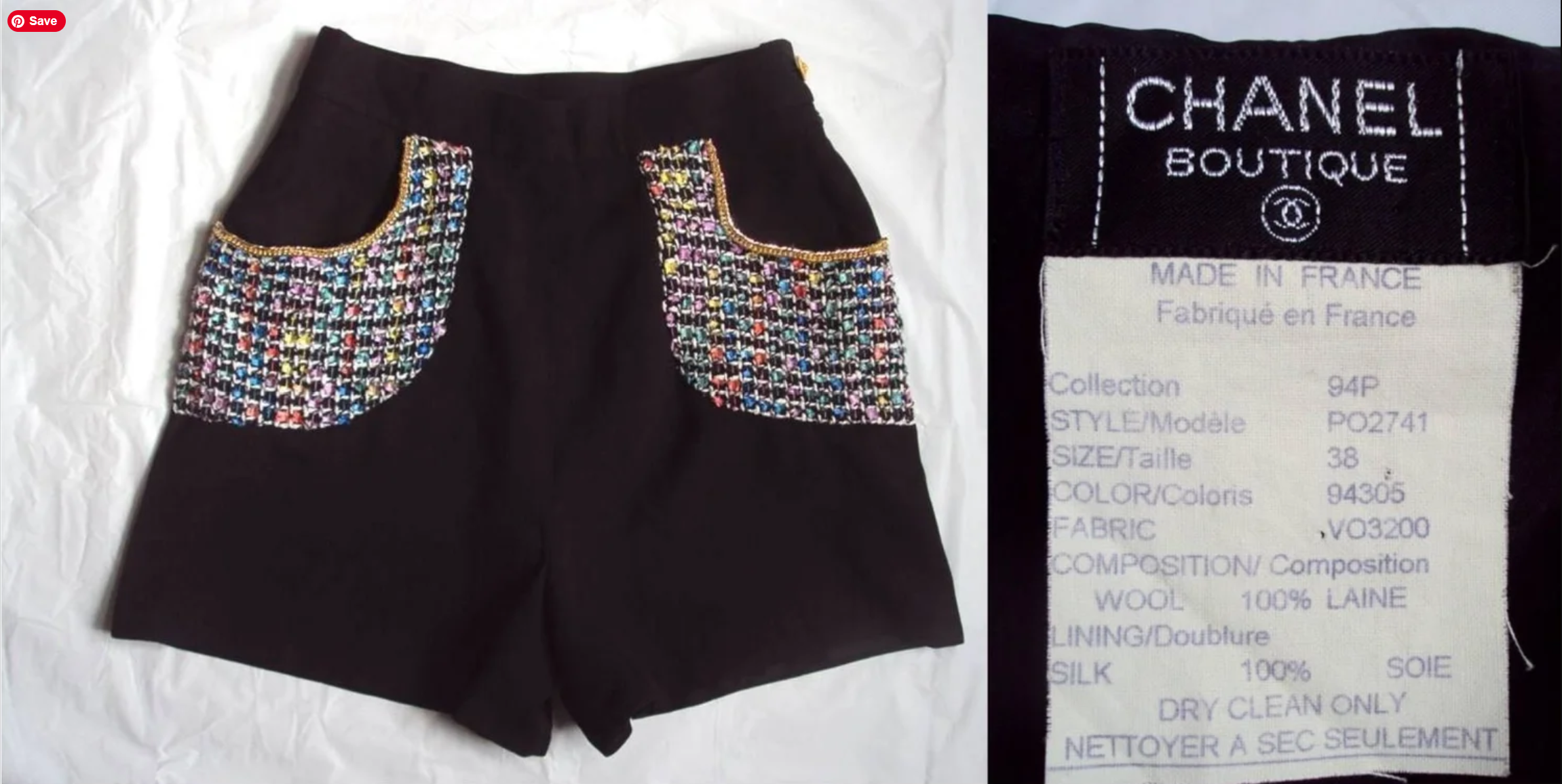 CHANEL 1990's WOOL PANTS REWORKED & MADE INTO SHORTS & ADDED AUTHENTIC CHANEL MULTICOLORED SILK FANTASY TWEED FROM SUIT & ADDED GOLD CHAIN - 2014