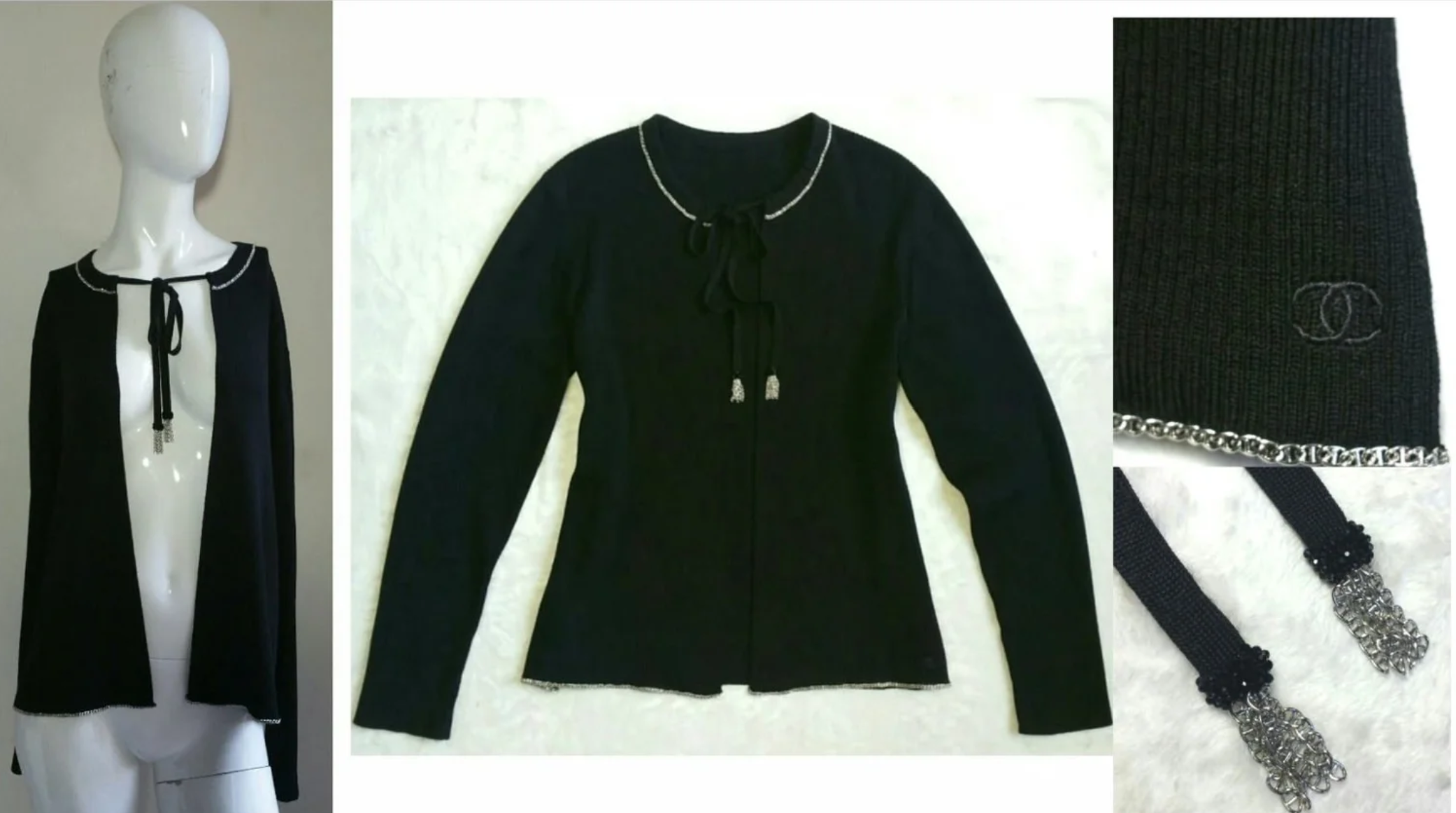 CHANEL VINTAGE 2000'S CASHMERE BLEND OPEN CARDIGAN REWORKED BY ADDING BEADING AND CHAIN TASSEL DETAILING - 2017