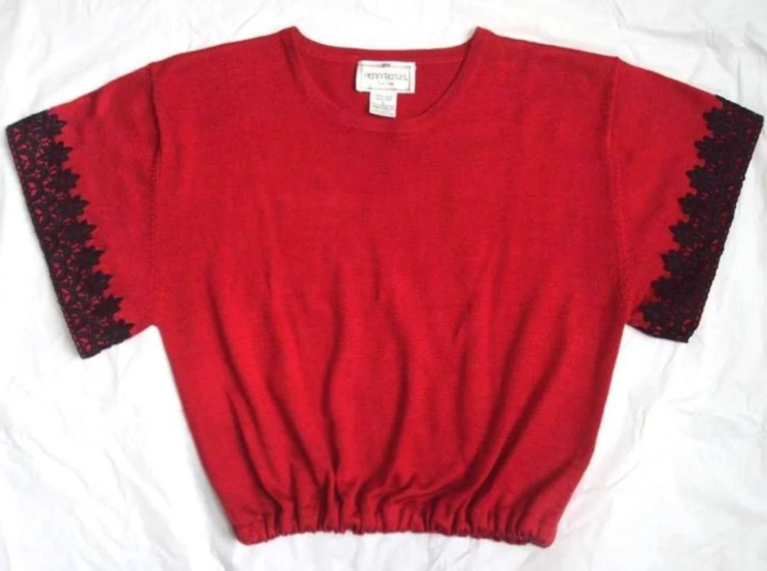 HENRI BENDEL KNIT T-SHIRT REPAIR MADE INTO A CROP TOP & ADDED BLACK LACE TO SLEEVES - 2014