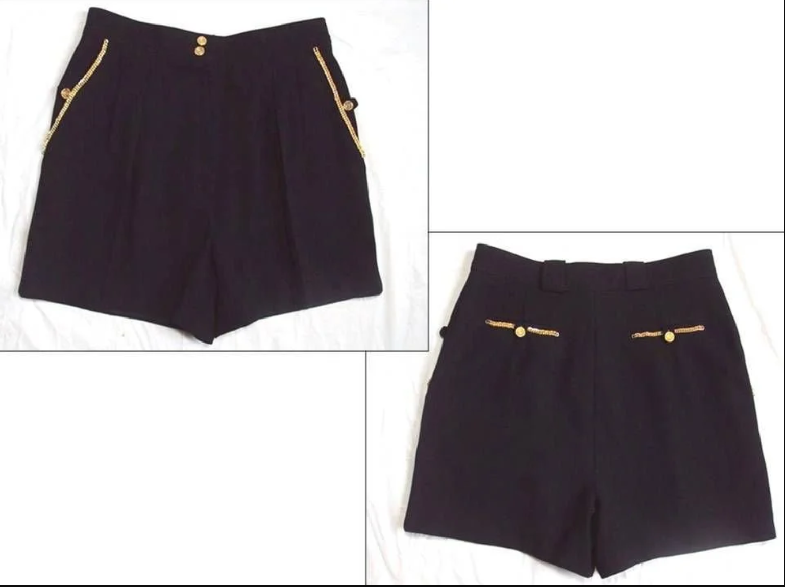 CHANEL VINTAGE 1980'S WOOL PANTS REWORKED INTO SHORTS AND ADDED GOLD METAL CHAIN TRIM - 2014