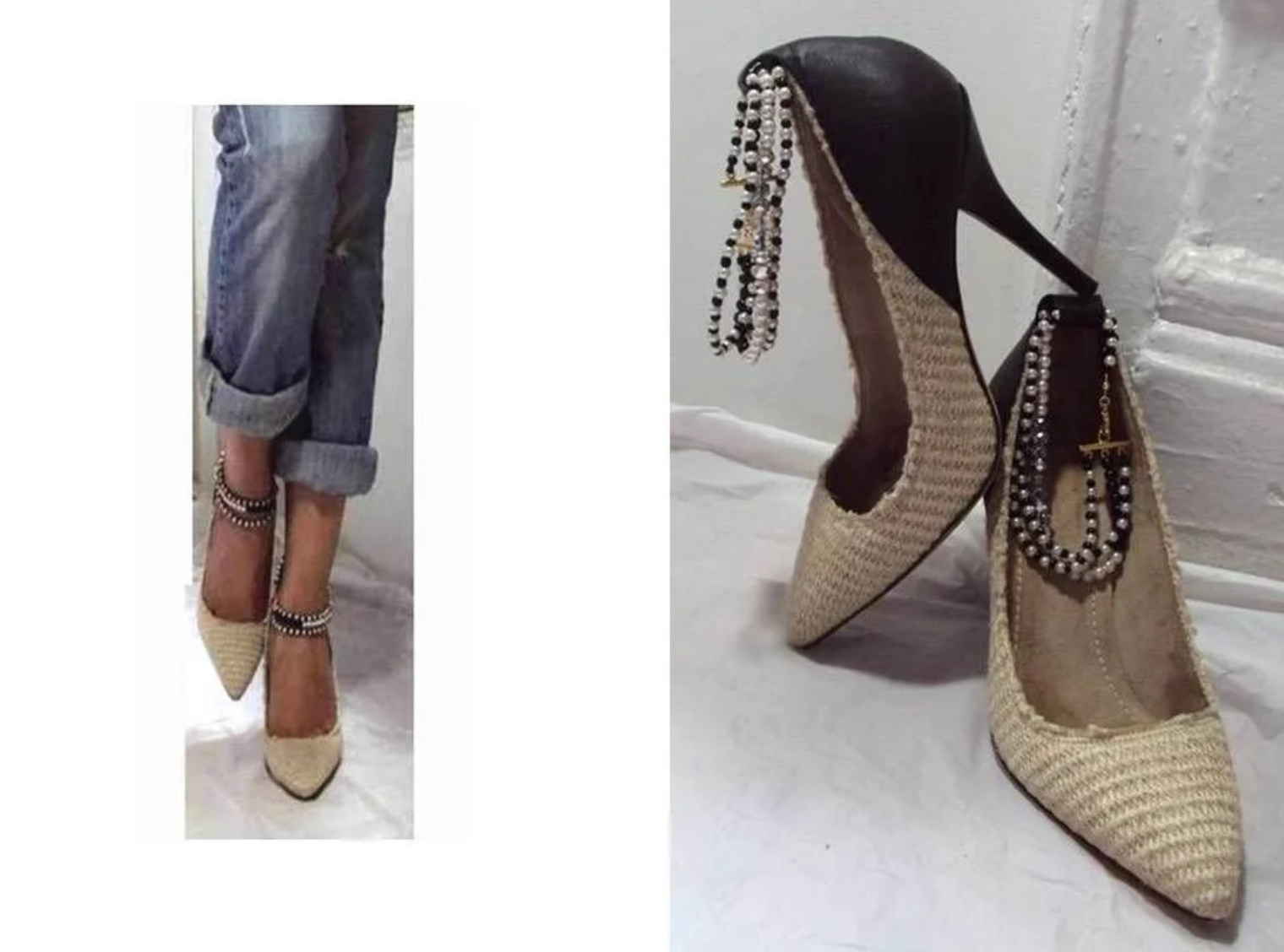 ISABEL MARANT SHOES REWORKED BY ADDING A HANDMADE SWAROVSKI CRYSTAL & BEADED ANKLELET TO REPLACE THE MISSING STRAPS- 2014