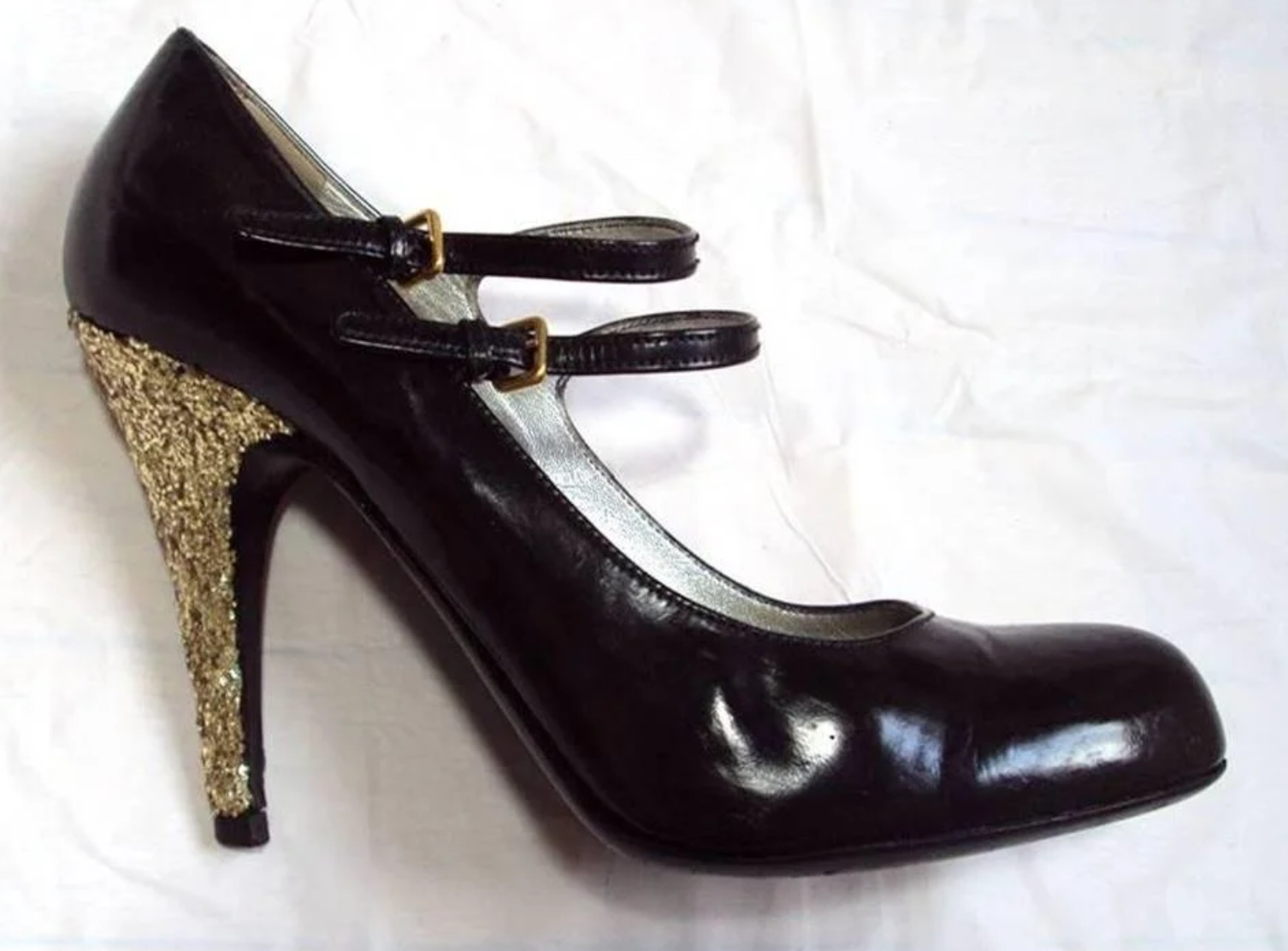 MIU MIU 1990's BLACK PATENT MARY JANES REWORKED DAMAGED HEEL BY ADDING GOLD GLITTER - 2014