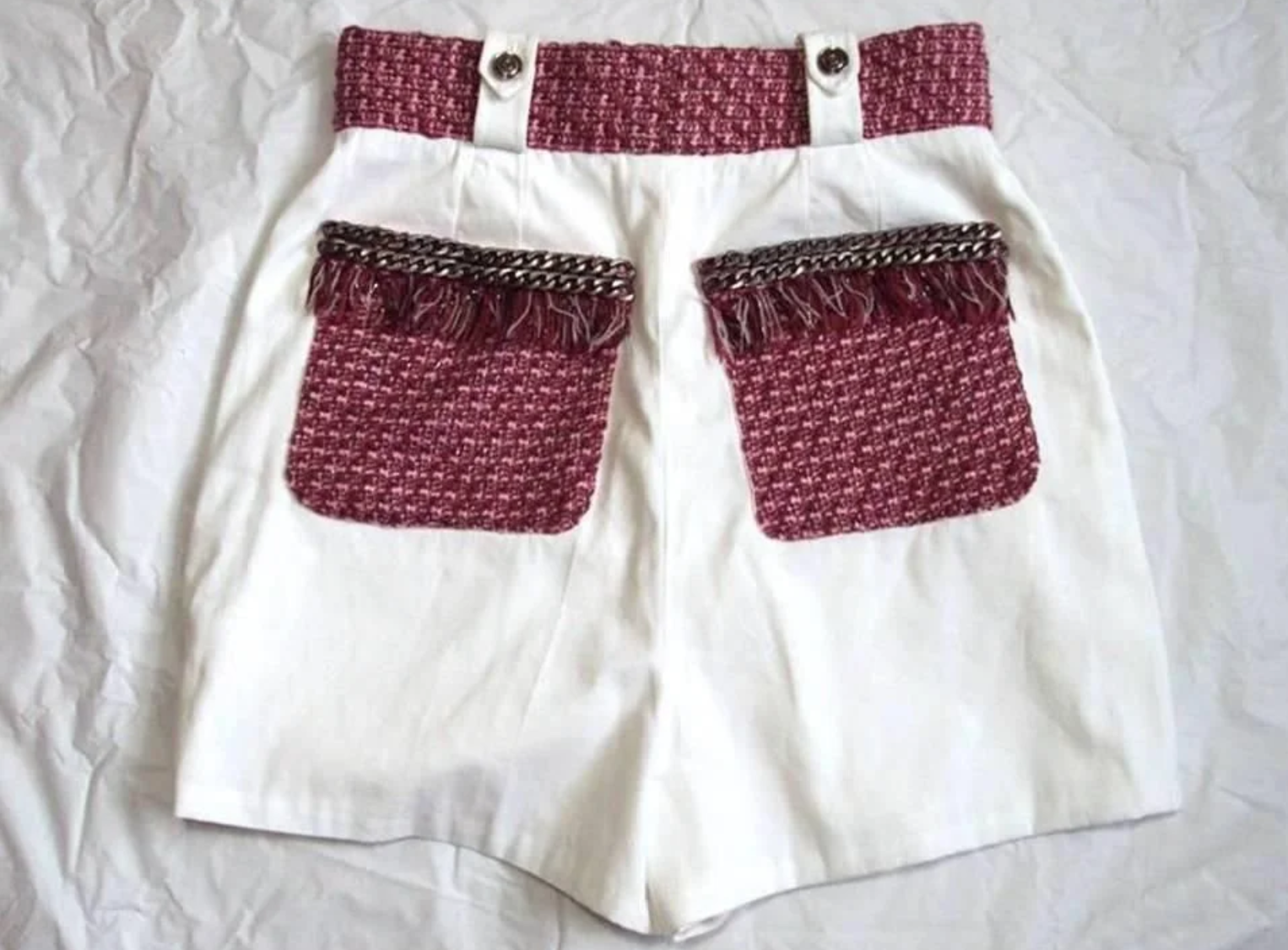 CHANEL 1980's WHITE COTTON PANTS REWORKED INTO SHORTS ADDED AUTHENTIC CHANEL PINK FANTASY TWEED  & CHAIN DETAILING - 2014