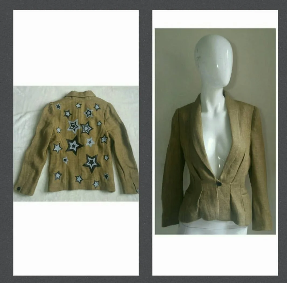 ETOILE ISABEL MARTANT  BLAZER REPAIRED &  ADDED HANDMADE LIGHT BLUE SUEDE & BLACK LEATHER STARS TO HOLE MADE AT STORE - 2017