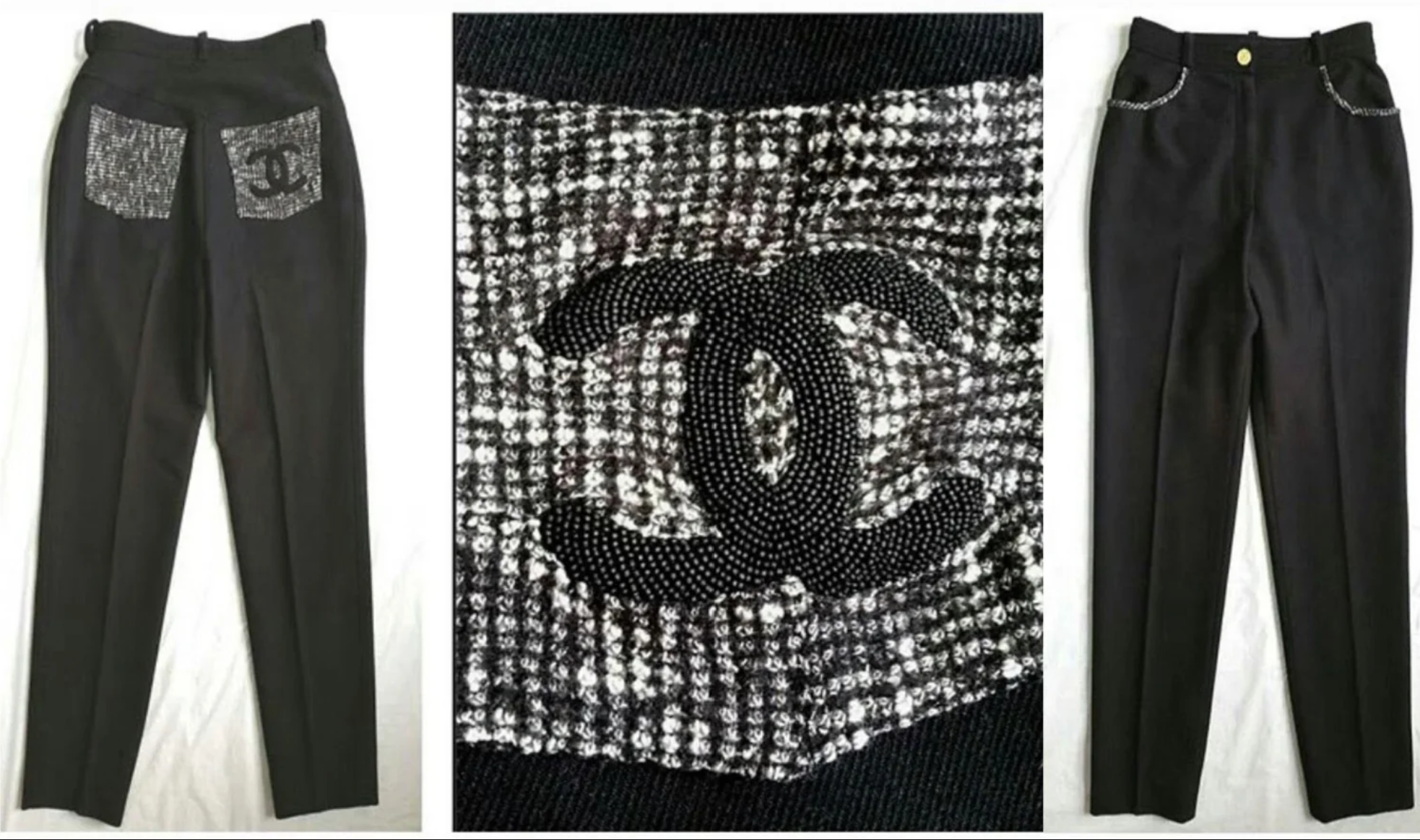 CHANEL VINTAGE 1980's BLACK WOOL PANTS REWORKED WITH AUTHENTIC CHANEL TWEED FABRIC ALONG POCKETS & BEAD WORK ON "CC" LOGO - 2015