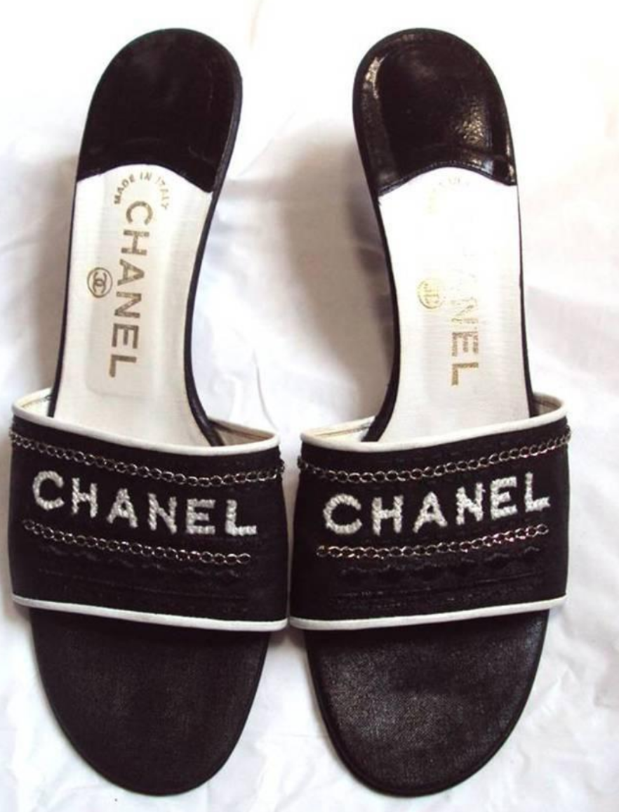 CHANEL VINTAGE 2000's MULES REWORK BY HAND PAINTING IT BLACK FROM THE ORIGINAL LIGHT BLUE HUE, CLEANED / FIXIED WHITE LEATHER DETAIL, SILK LETTERING &  ADDED SILVER THIN CHAIN DETAIL - 2016