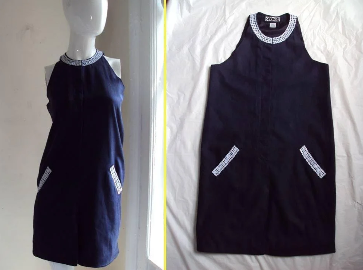 STEPHAN SPROUSE VINTAGE 1980's (MOM's) SILK DRESS ADDED SEQUIN TO UPDATE COLLAR, POCKETS & COVER MENDING  - 2014