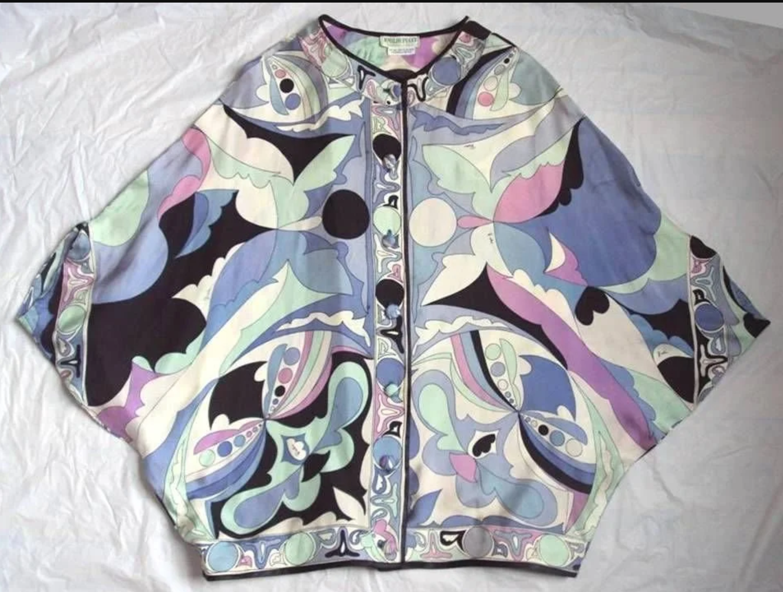 EMILIO PUCCI 1960's SILK BLOUSE REPAIR FRAYING SILK & ADDED BLACK SILK TRIM & BACKING PREVENT FURTHER TEARING TO SILK - 2014