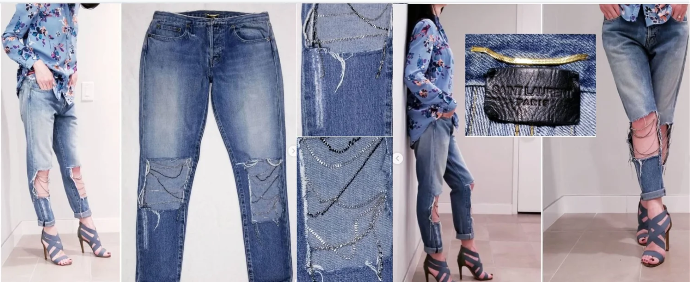 SAINT LAURENT REMADE DENIM JEANS ADDED CHAINS, SWAROVSKI CRYSTALS & DENIM PATCH - 2021