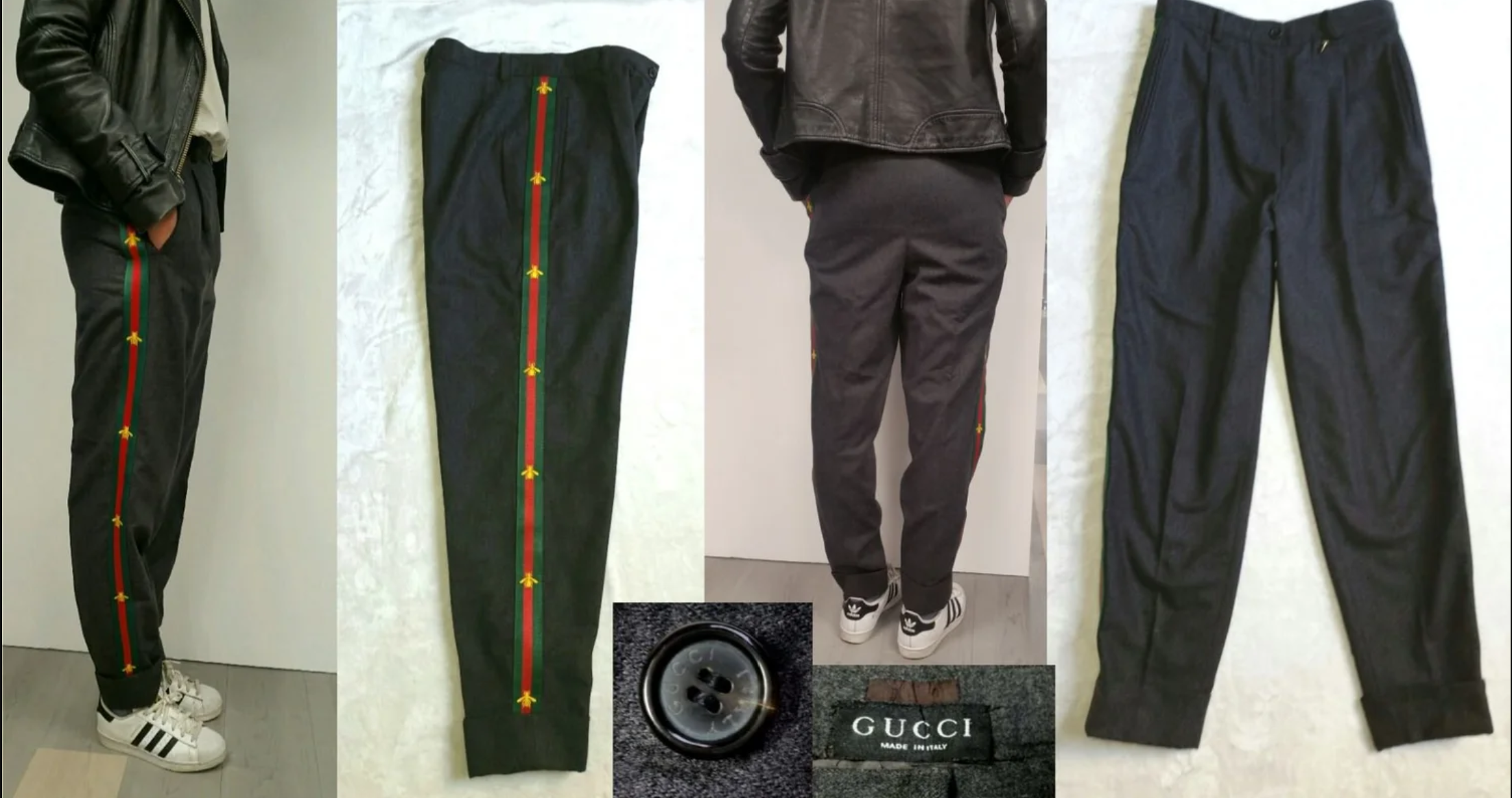 GUCCI VINTAGE 1990's CASHMERE PANTS REWORKED BY ADDING AUTHENTIC GUCCI BEE LOGO TRIM DOWN LEG TO REFLECT RUNWAY PIECES- 2017