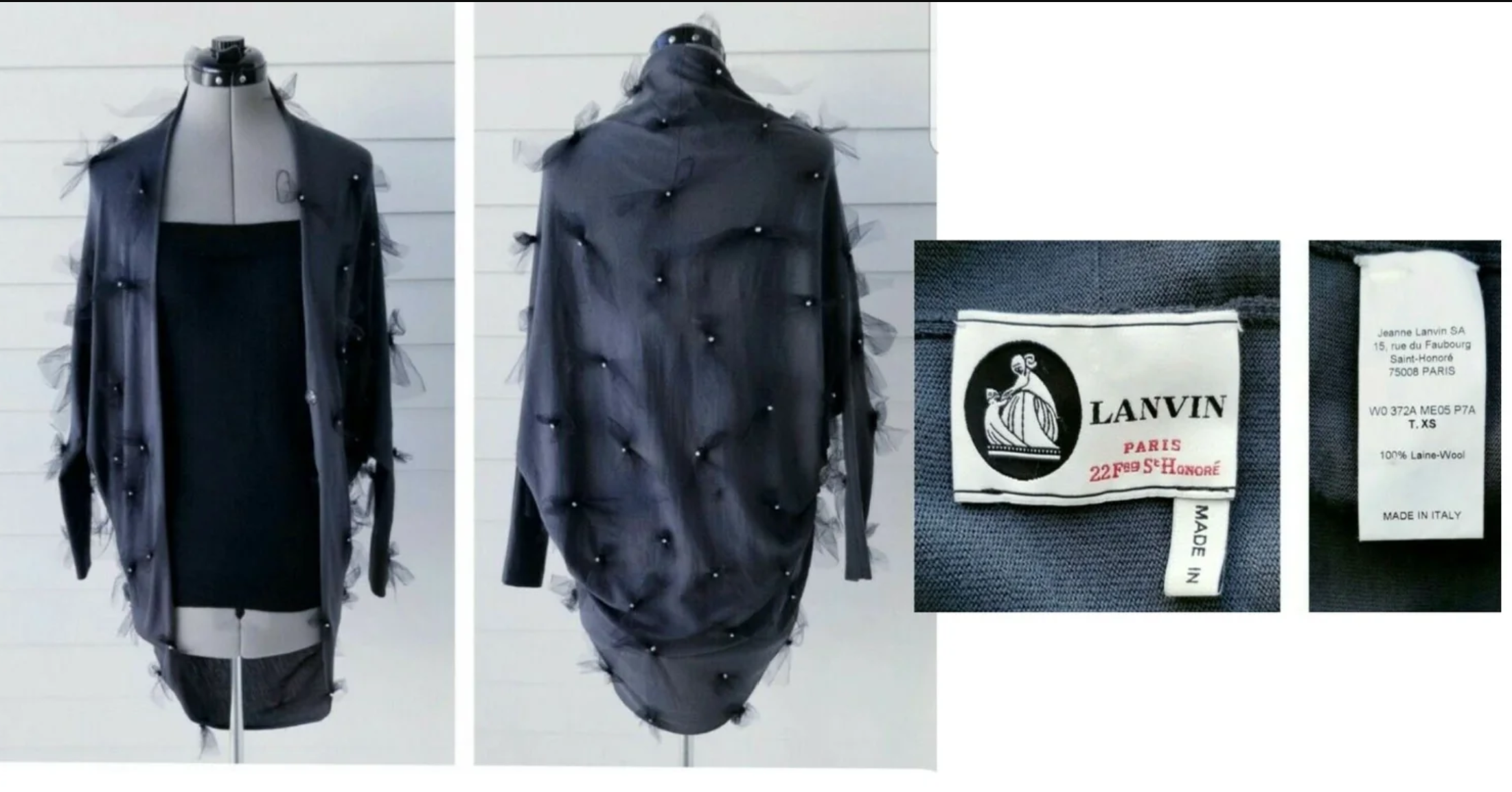 LANVIN REMADE DRAPED SHRUG KNIT SWEATER REPAIRED HOLES & DAMGE BY ADDING SWAROVSKI CRYSTALS & HANDMADE BOWS OF TULLE - 2022