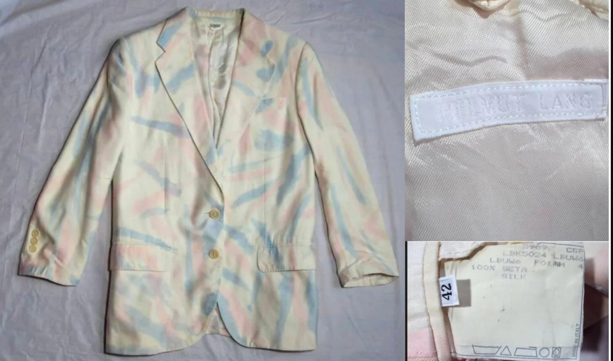 HELEMUT LANG VINTAGE 1990'S SILK BLAZER REPAIRED FABRIC DAMGE WITH HAND DYED PINK & BLUE SILK DYES IN AN ARTISTIC WISP ALL OVER - 2014
