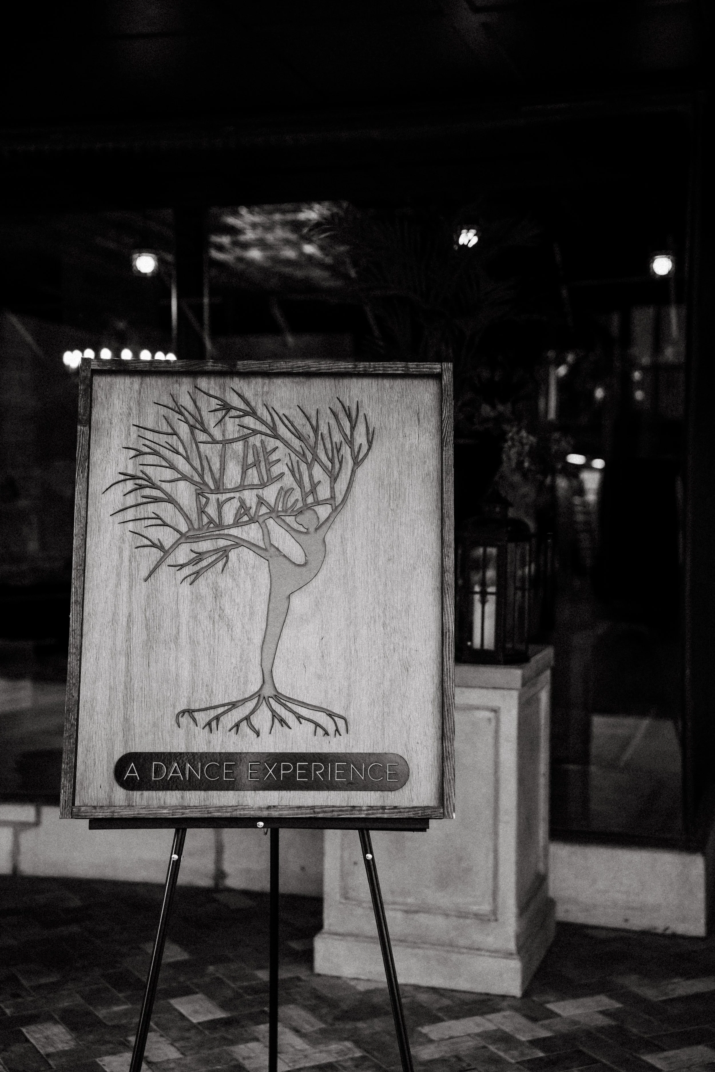 A sign with a tree illustration and the text 'A Dance Experience' on a stand. The background is dimly lit.