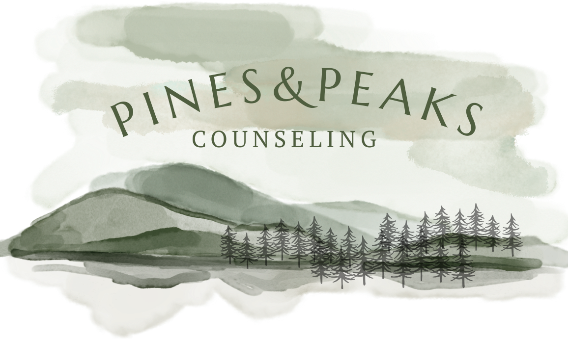 Graphic design with a watercolor landscape of mountains and trees, featuring the text "Pines & Peaks Counseling" in green lettering.