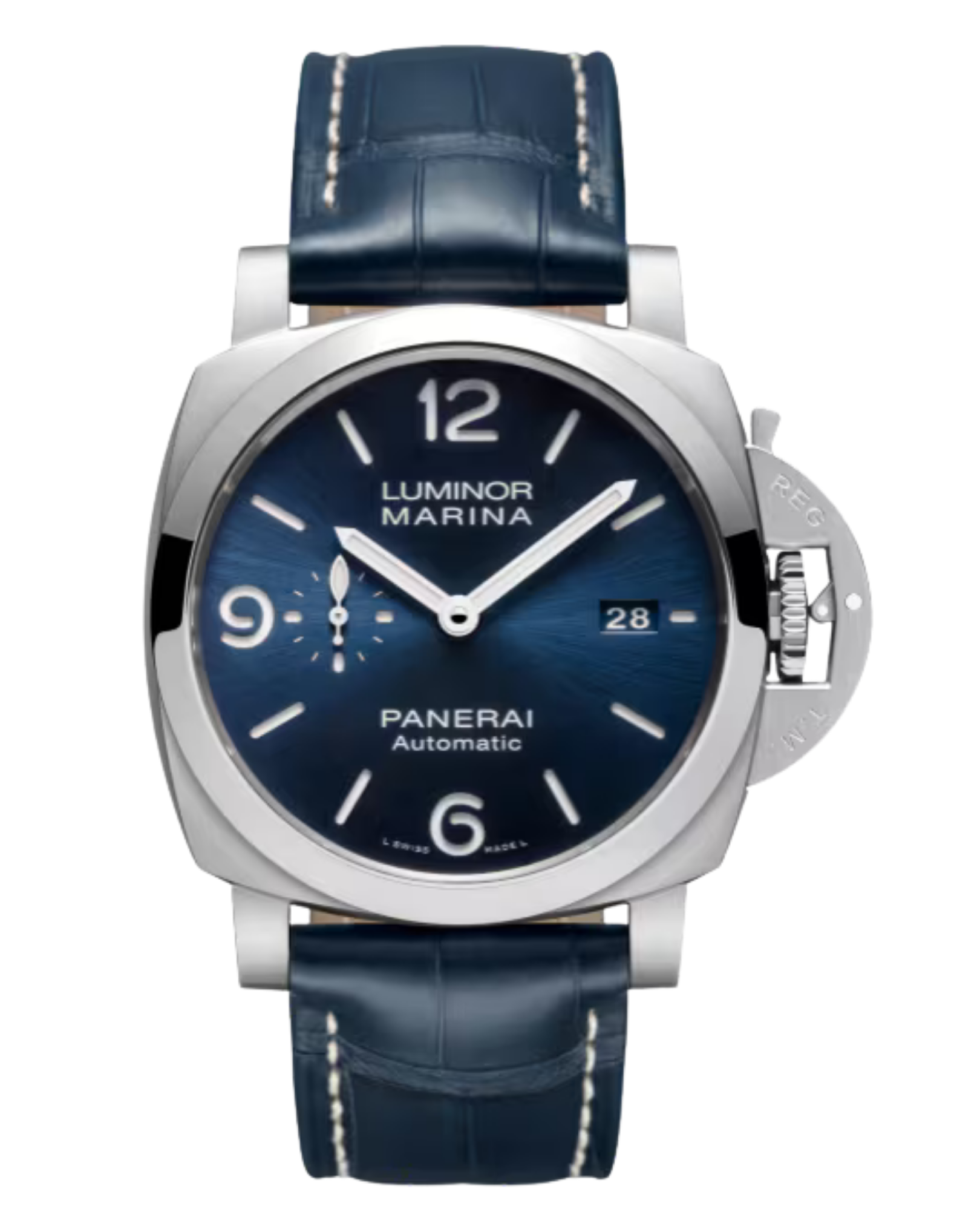 A luxury men's wristwatch with a blue dial, silver case, and a blue leather strap. The watch face shows the brand names Luminor Marina and Panerai, with a date window at 3 o'clock, and features a small seconds subdial at 9 o'clock.